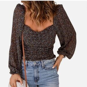 Astr Black Floral Puff Sleeve Blouse NWT